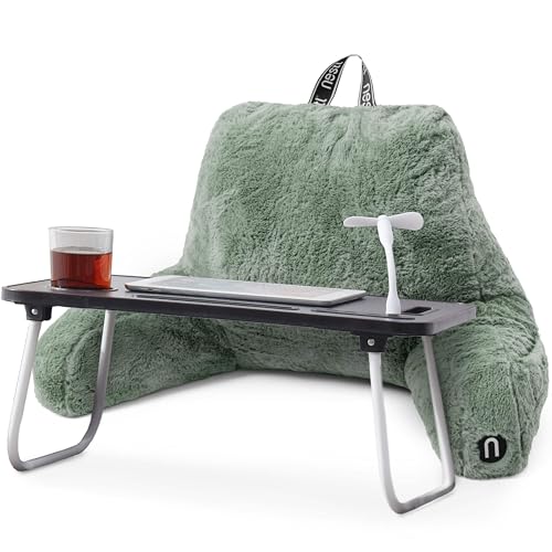 Nestl Fur Reading Pillow with Laptop Lap Desk, Stylish Back Pillow for Sitting Up, Lap Desk with Reading Pillows for Sitting in Bed Adult & Kids, Faux Fur Chair Pillow with Arms - Sage Green - color: Sage Green, size: Reading Pillow + Lap Desk