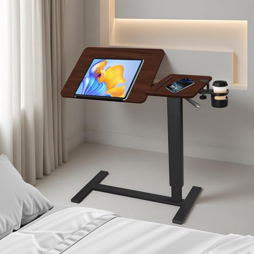 Adjustable Overbed Bedside Table with Wheels, Rotatable Desktop Height-Adjustable Bed Table with Wheels, Rolling Tray Desk for Couch Laptop & Hospital Use, Adjustable Tray Table (Rotatable-Wood Color)