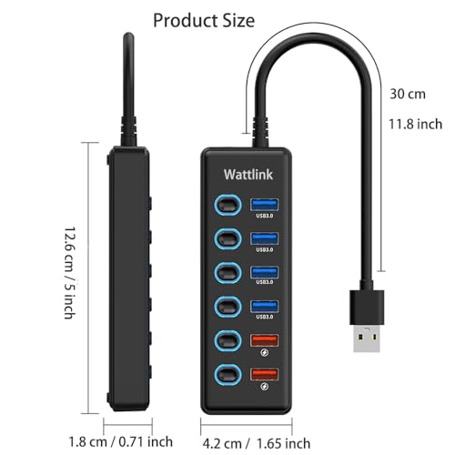 Powered USB 3.0 Hub, 6 Ports Hub Splitter with Power Adapter, 4 Data Ports + 2 QC 3.0 Fast Charging Ports, Individual LED Switches, Black