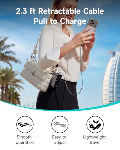 Ultra Mini 10000mAh 45W Portable Charger, Flight-Safe Compact Power Bank, Small & Lightweight Travel Battery Pack with 2.3 ft USB-C Retractable Cable for iPhone 17/16, iPad, Galaxy, Pixel