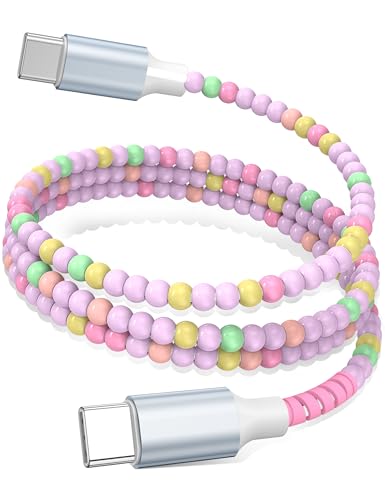 USB C to USB C Cable 3FT,60W Fast Charging Beaded Charger Cord for iPhone 17 16 15 Pro Max/iPad Pro Air 11th for Samsung S26 S25 S24 Ultra S23 A16/Android Phone Charger Cord Cute Girl Women,Pink-Green - color: Pink-Green-Yellow, size: 3FT/1M