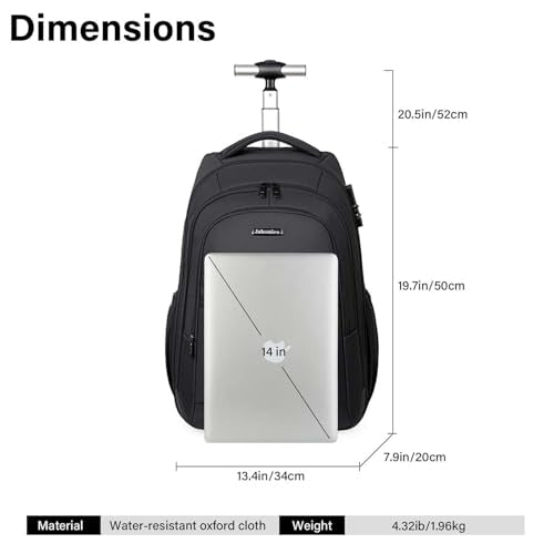 Rolling Backpack, 17 inch Laptop Backpack with Wheels Combination Lock, Carry on Luggage Business Bag, Travel Roller Backpack