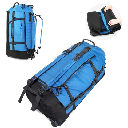 Vomgomfom 86L Collapsible Wheeled Duffle Bag Waterproof, Blue | Detachable Backpack Straps, Padded Laptop Sleeve, Quilted Reinforced Base, U-Shape Mesh Pocket, Shoe Compartment - color: Blue
