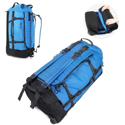 Vomgomfom 86L Collapsible Wheeled Duffle Bag Waterproof, Blue | Detachable Backpack Straps, Padded Laptop Sleeve, Quilted Reinforced Base, U-Shape Mesh Pocket, Shoe Compartment - color: Blue