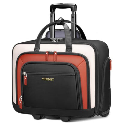 Rolling Laptop Bag, 17.3In Rolling Briefcase for Women Work College Teacher | Lockable, Insulated & Waterproof Pocket, Carry on Rolling Computer Bag Rolling Bag for Business, Laptop Bag with Wheels Gift - color: Black/White/Brown