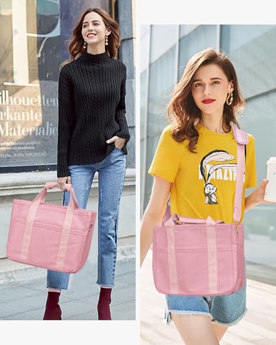 Canvas Tote Bag with Multi-Pocket for Women Large Crossbody Shoulder Handbag Everything Tote Bag with Compartments - color: Pink, size: X-Large