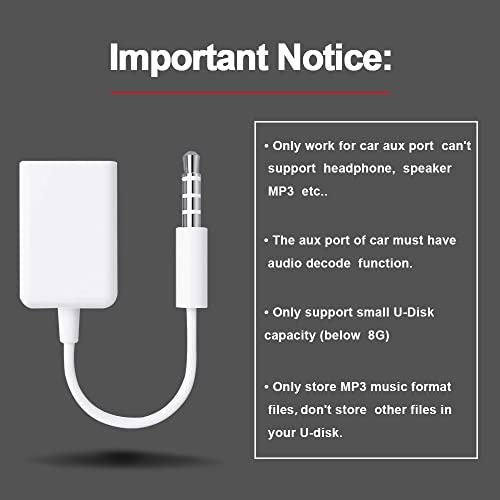 AUX to USB Adapter, 3.5mm Male Audio Jack to USB 2.0 Female Converter Cable, Only work for Car AUX-in with MP3 Decoder, Not for Headset, Speakers, Phone,Computers, Camera,Microphone, Monitor(2Pcs)