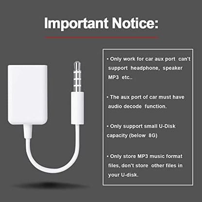 AUX to USB Adapter, 3.5mm Male Audio Jack to USB 2.0 Female Converter Cable, Only work for Car AUX-in with MP3 Decoder, Not for Headset, Speakers, Phone,Computers, Camera,Microphone, Monitor(2Pcs)