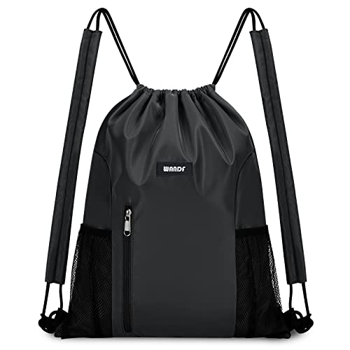 WANDF Drawstring Backpack, Gym String Bag with Shoulder Pad | Water-Resistant, Sports, Travel, Beach, Daily Carry, for Men Women - color: M, Black, size: Medium