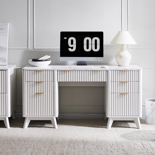 T4TREAM Fluted Executive Desk with Drawers, 60" Modern Home Office Computer Desk with Charging Station, File Cabinet, Keyboard Tray and Storage Cabinet for Study, Living Room, Bedroom, Solid White - color: Solid White