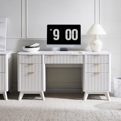 T4TREAM Fluted Executive Desk with Drawers, 60" Modern Home Office Computer Desk with Charging Station, File Cabinet, Keyboard Tray and Storage Cabinet for Study, Living Room, Bedroom, Solid White - color: Solid White