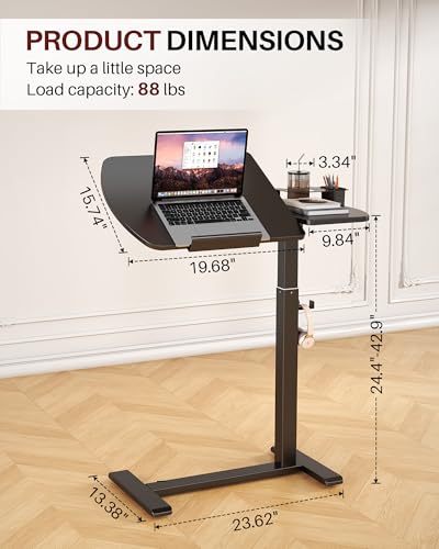 Overbed Bedside Table with Wheels, Black | Pneumatic Adjustable, Tilting Desktop, Cup Holder/Pen Holder/Hook, Mobile Standing Desk, For Bed/Sofa/Hospital Use - color: Black