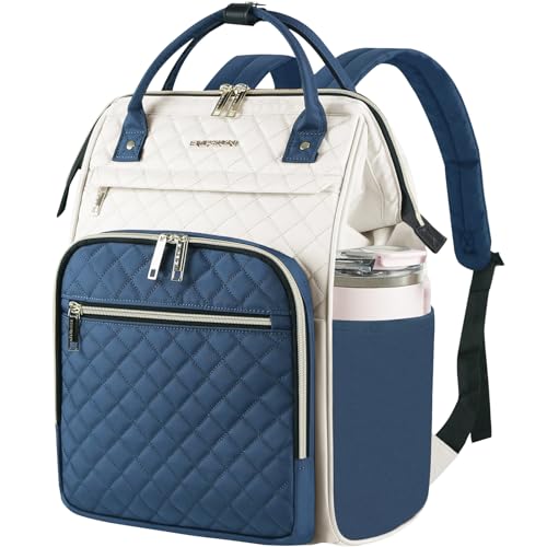 EMPSIGN 17 Inch Laptop Backpack for Women, Beige-Haze Blue | Computer Bag, Work Business Travel College, Large Capacity, Water-repellent, Quilted Casual Daypack - color: Beige/Haze Blue, size: 17 inch