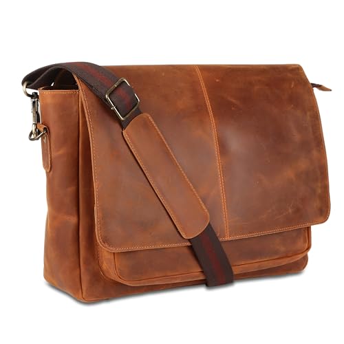 Handmade Premium Buffalo Leather Messenger Bag 16 Inch | Laptop Satchel Briefcase for Men & Women | Vintage Office Computer Bag with Adjustable Strap (Fits 15.6” Laptop)
