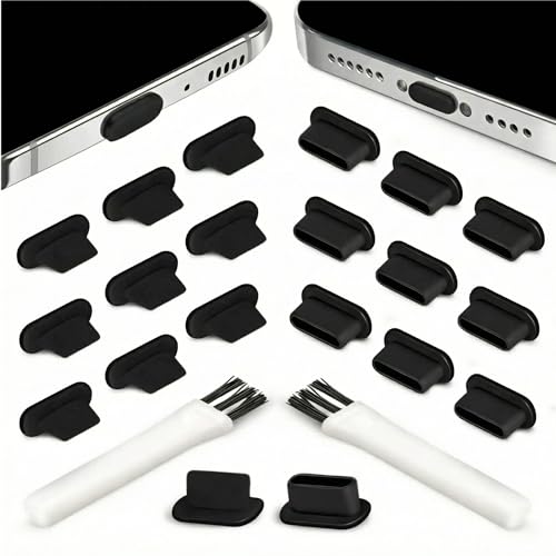 Dust Plug Bundle Set – 20 Anti-Dust Plugs with 2 Cleaning Brushes – Compatible with iPhone Lightning, USB-C, Android Devices – Black