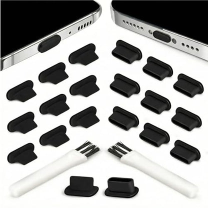 Dust Plug Bundle Set – 20 Anti-Dust Plugs with 2 Cleaning Brushes – Compatible with iPhone Lightning, USB-C, Android Devices – Black