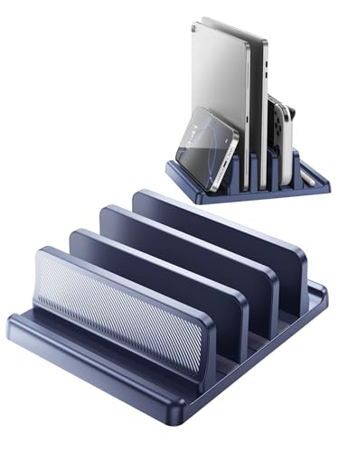 EAXBUX 5 in 1 Vertical Laptop Stand Holder,Adjustable ABS Plastic Laptop Organizer Desktop Management Notebook Dock,Vertical Laptop Stand Space Saving for MacBook,Surface,Samsung,HP,Dell,Chrome Book - color: Drak Blue, size: 3-Slot