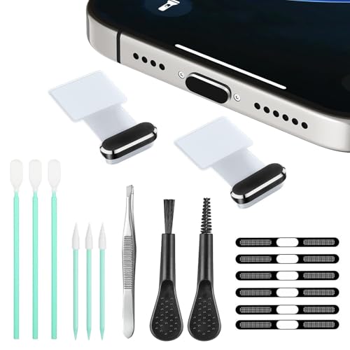 Mobile Phone Speaker Metal Dust Mesh, typeC Charging Port dust Plug, Anti-Lost USB C Cleaning Brush Cleaning Tool Set for iPhone 15 16 Series (Black + Transparent) - color: Black + Transparent