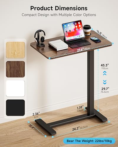 BIZUM Adjustable Bedside Table with Swivel Hidden Wheels Pneumatic Rolling Desk Mobile Standing Desk with Cup Holder for Hospital Home(27.6"x15.8" Walnut) - color: Walnut, size: 27.6"x15.8"