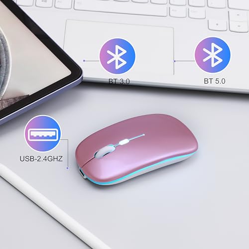 Wireless Bluetooth Mouse Rechargeable Long Lasting Dual Mode - BT 5.2 & 2.4G Silent RGB LED Mice, Slim Portable Ergonomic Mouse for Laptop/PC/Tablet/MacBook/iPad/Apple Devices(Rose Gold) - color: Rose Gold