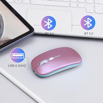 Wireless Bluetooth Mouse Rechargeable Long Lasting Dual Mode - BT 5.2 & 2.4G Silent RGB LED Mice, Slim Portable Ergonomic Mouse for Laptop/PC/Tablet/MacBook/iPad/Apple Devices(Rose Gold) - color: Rose Gold