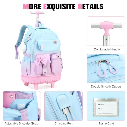 ACESAK Rolling Backpack for Girls - Roller Wheels School bag with Lunch Bag & Pencil Pouch for Teen Girls Kids Wheeled Suitcase Backpacks, Elementary Middle School Travel Daypack(Blue Purple) - color: Blue Purple