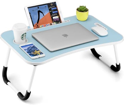 FISYOD Foldable Laptop Table, Portable Lap Desk Bed Table Tray, Laptop Stand with Cup Holder & Tablet Slot & Lifting Handle for Working Writing Drawing & Eating (Light Blue) - color: Light Blue