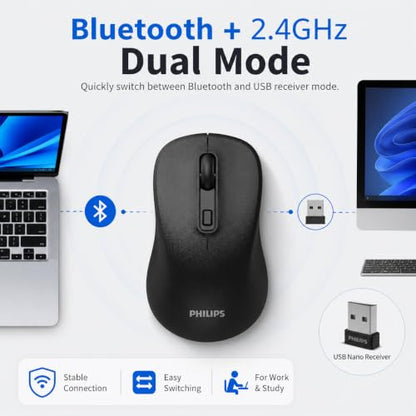 PHILIPS Wireless Mouse for Laptop, Bluetooth and 2.4GHz, Silent Click | Bluetooth and 2.4GHz dual mode with USB nano receiver; silent click; 3 DPI levels; compact ambidextrous design; AA included