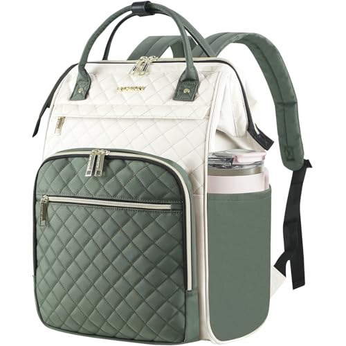 EMPSIGN 17 Inch Laptop Backpack for Women, Beige-Army Green | Computer Bag, Work Business Travel College, Large Capacity, Water-repellent, Quilted Casual Daypack - color: Beige/Army Green, size: 17 inch