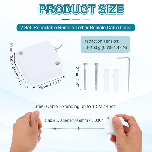 PATIKIL Retractable Remote Control Cable Tether (4.9ft /1.5M, White)(2 Set) Remote Control Security Lanyard Lock Adjustable Locking Leash with Rope Locks and Screws, Suit for - TVs/Tablets - color: White, size: 4.9 ft