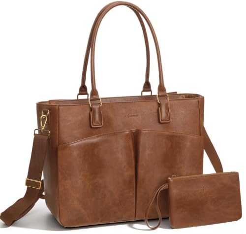 Laptop Tote Bag for Women, Leather Work Tote with Padded Laptop Compartment, Cup Holder, Office Computer Briefcase - color: Brown-brown Strap, size: 15.6inch