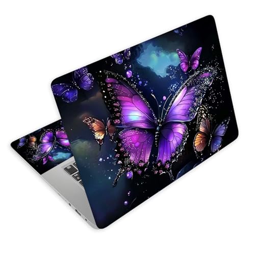 Universal Laptop Skin Decal, 3-Piece Vinyl Protector for 12 13 14 15.6" Notebook, Waterproof Anti-Scratch, Easy Trim & Bubble-Free Finish, Purple Butterfly with Glittering - color: Purple Butterfly with Glittering