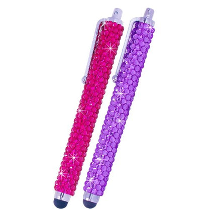 Eco-Fused Universal Bling Stylus Pens - 2 Long Gem Covered Stylus Pens Compatible with All Capacitive Touchscreen Devices/Microfiber Cleaning Cloth - color: Pink + Purple