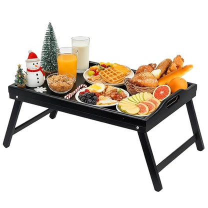 Bamboo Breakfast Tray Table with Folding Legs for Bed Table Sofa - Eating & Laptop Tray Bamboo with Folding Legs - color: Black