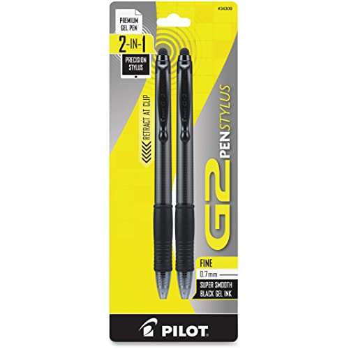 Pilot G2 Pen Stylus, Premium Refillable and Retractable Rolling Ball Gel Pens, Fine Point, Gray Barrel, 0.7 mm, Black Ink Pens, Pack of 2