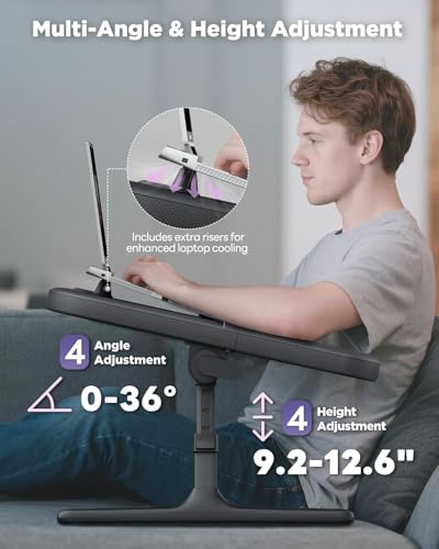 SAIJI Laptop Lap Desk for Bed & Couch with Soft Armrest, Bed Desk Table | Ergonomic Curved Design, Soft Padded Armrests, Height & tilt angles Adjustable, Foldable & Versatile Surface - color: Black