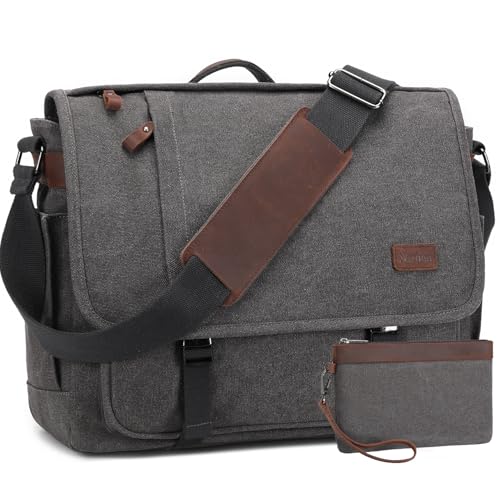 Nerlion Messenger Bag for Men 17-17.3 Inch Laptop Bag Canvas Water-resistant Computer Bag Shoulder Bag Work Briefcase Bookbag for College (Gray) - color: Coffee