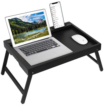 Artmeer X-Large Bamboo Bed Tray with Device Slot and Folding Legs, Black | X-large FSC-certified bamboo bed tray with device slot, folding legs and extra space for meals, laptops and reading in bed. - color: Black, size: X-Large