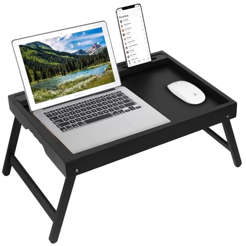 Artmeer X-Large Bamboo Bed Tray with Device Slot and Folding Legs, Black | X-large FSC-certified bamboo bed tray with device slot, folding legs and extra space for meals, laptops and reading in bed. - color: Black, size: X-Large
