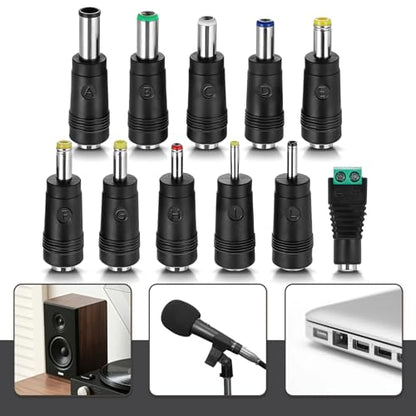 11 Pcs Power Adapter Plug, Universal DC Power Adapter Plug Kit, Connector Tips for Laptop, LED Strip, Router, Camera, AC Charger, 5.5mm x 2.1mm Female Base