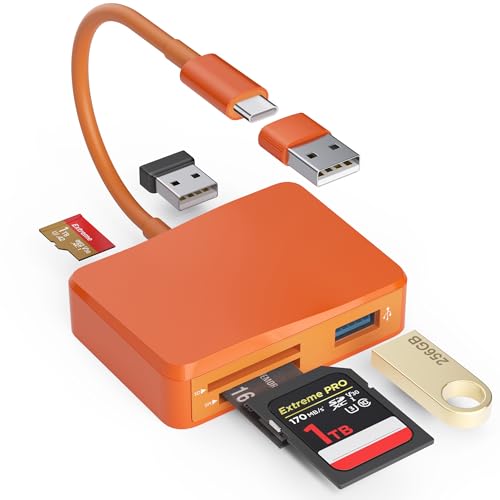 SD Card Reader, 5 in 1 USB-C & USB Card Adapter with SD/MicroSD/MS and Dual USB-A Ports Memory Card Reader for iPhone 17/16/15 Pro Max iPad MacBook Pro/Air M4/M3 Android Phone/Tablet PC (Orange) - color: Orange