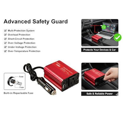 HearGrow 150W Power Inverter for Vehicle: 12V DC to 110V AC Converter - Car Plug in Adapter Outlet with 3.1A Dual USB Charger for Laptop Drone Camping Road Trip & Mobile Office
