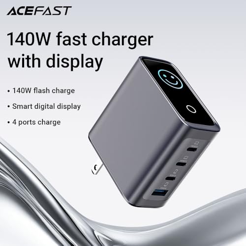 ACEFAST 140W GaN LED Display Screen Wall Charger for iPhone 17 16 Series/for Samsung,Triple USB C Fast Charging Travel Charger for MacBook/Laptop/Tablet,Fold Plug Compact for Home/Office/Travel