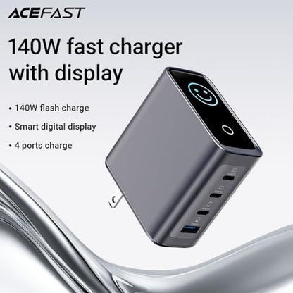 ACEFAST 140W GaN LED Display Screen Wall Charger for iPhone 17 16 Series/for Samsung,Triple USB C Fast Charging Travel Charger for MacBook/Laptop/Tablet,Fold Plug Compact for Home/Office/Travel