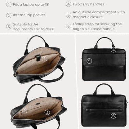 Time Resistance Leather Briefcase - Italian Handmade Leather Laptop Bag - Handbag for Men - Professional Computer Case - color: Black