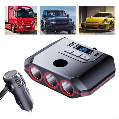 7 in 1 Car Adapter with 4 USB Ports and 3 Sockets, 120W Dual Voltage (12V/24V) Charging Splitter for Cars, Trucks, SUVs, Red