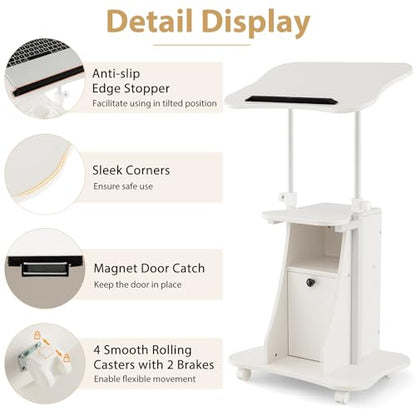 Tangkula Mobile Laptop Podium, Height Adjustable Sit to Stand Desk with Tilting Desktop & Storage Cabinet, Ergonomic Rolling Lectern Cart Laptop Desk, Office Podium Stand on Wheels - color: White, size: 21.5" x 15.5" x 45"