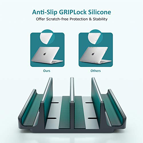 Vertical Laptop Stand - SPACEMax Adjustable GRIPLock Anti-Tip Silicone 4 Slots Aluminum Desktop Holder - Double Dock Stand - 2 Phone Slots Fits Up to 17.3” Laptops, Tablets, Phones - Gray - color: Gray