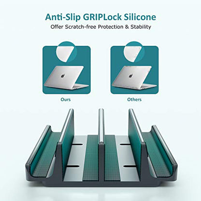 Vertical Laptop Stand - SPACEMax Adjustable GRIPLock Anti-Tip Silicone 4 Slots Aluminum Desktop Holder - Double Dock Stand - 2 Phone Slots Fits Up to 17.3” Laptops, Tablets, Phones - Gray - color: Gray