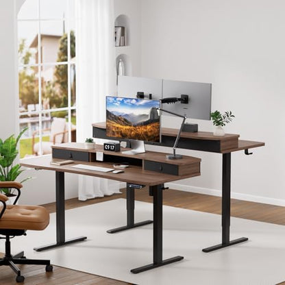HUANUO 55" x 26" Electric Standing Desk with 2 Drawers, C-Clamp Mount Compatible, Height Adjustable Computer Desk, Home Office Stand Up Desk with 4 Preset Heights & 2 Hooks, Walnut - color: Walnut, size: 55" X 26"